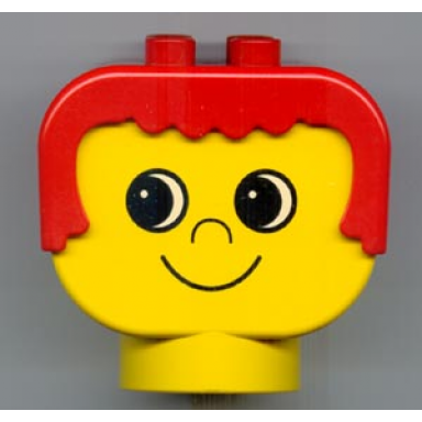 yellow duplo figure head human 2 x 2 base with fixed red hair with eyes looking right nose and grin pattern