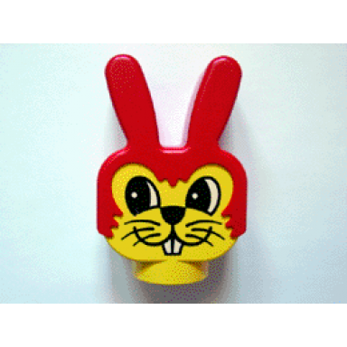 yellow duplo figure head animal 2 x 2 base bunny rabbit with fixed red ears and hair with large face with whiskers pattern