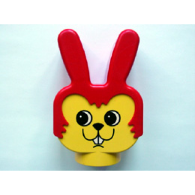 yellow duplo figure head animal 2 x 2 base bunny rabbit with fixed red ears and hair with small face without whiskers pattern
