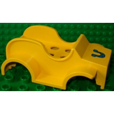yellow duplo car body racer with blue horseshoe pattern fits over car base 2 x 6
