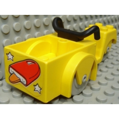 yellow fabuland tricycle 2 front wheels with black handlebars and light gray wheels with red ice cream pop and white stars pattern sticker - set 3665