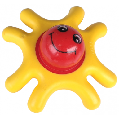 yellow primo teether star with 8 arms red center and face pattern