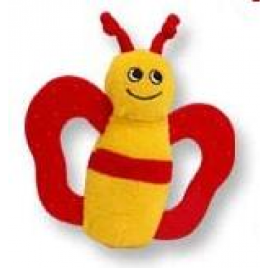 yellow primo cloth butterfly with red wings and smiley face