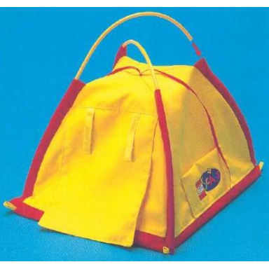 yellow scala cloth tent with red base and lego scala logo pattern - with poles