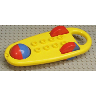 yellow duplo rattle oblong with red blue wheels