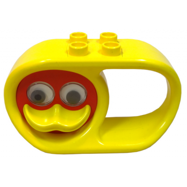 yellow duplo rattle teether oval 2 x 6 x 3 with handle and turning red duck face with yellow beak and rattling eyes