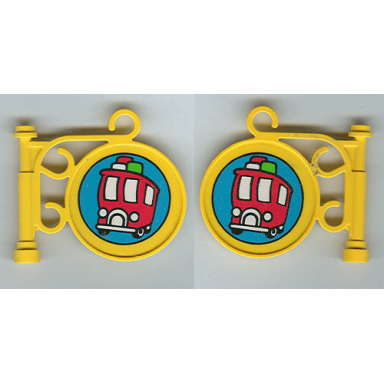 yellow road sign round on pole with ornate top attachment with bus pattern on both sides stickers - set 3719
