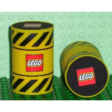 yellow foam racers barrel with black warning stripes and lego logo