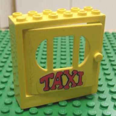 yellow fabuland door frame 2 x 6 x 5 with yellow door with taxi pattern sticker - sets 128-1 338-2