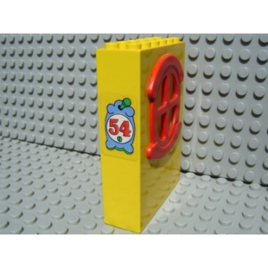 yellow fabuland building wall 2 x 6 x 7 with round symmetric red window with 54 pattern sticker - set 3654