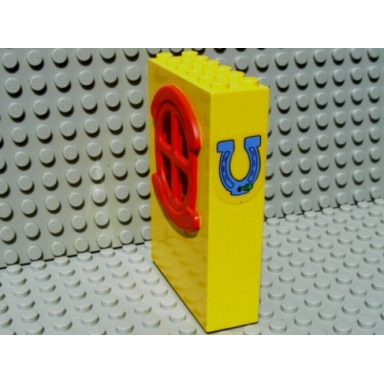 yellow fabuland building wall 2 x 6 x 7 with round symmetric red window with horseshoe pattern sticker - set 3654