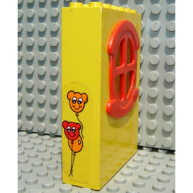 yellow fabuland building wall 2 x 6 x 7 with round symmetric red window with balloons pattern sticker - set 3681