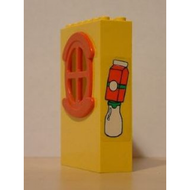 yellow fabuland building wall 2 x 6 x 7 with round symmetric red window with juice carton milk bottle pattern sticker - set 3667