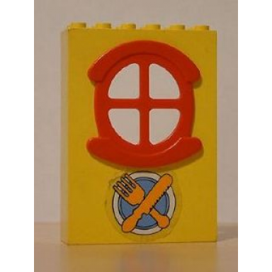 yellow fabuland building wall 2 x 6 x 7 with round symmetric red window with knife fork and plate pattern sticker - set 3672