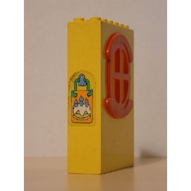yellow fabuland building wall 2 x 6 x 7 with round symmetric red window with cake plaque pattern sticker - set 3672