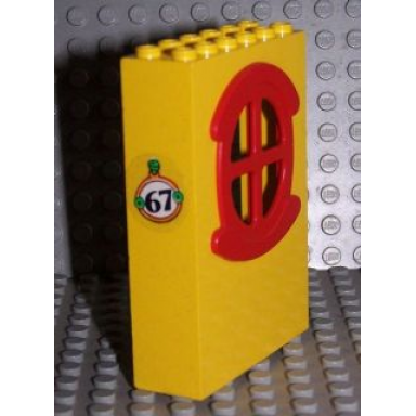 yellow fabuland building wall 2 x 6 x 7 with round symmetric red window with 67 pattern sticker - set 3667