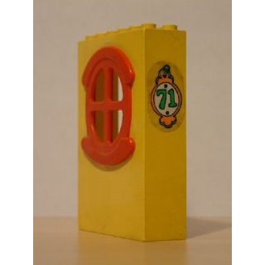 yellow fabuland building wall 2 x 6 x 7 with round symmetric red window with 71 pattern sticker - set 3672