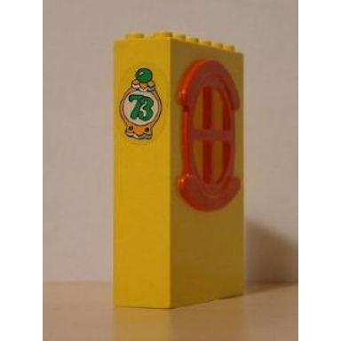 yellow fabuland building wall 2 x 6 x 7 with round symmetric red window with 73 pattern sticker - set 3672