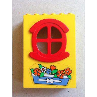 yellow fabuland building wall 2 x 6 x 7 with round symmetric red window with flowers pattern sticker - sets 132-1 341-2