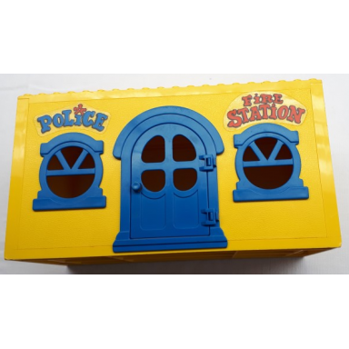 yellow fabuland house block with blue door and windows with police and fire station pattern stickers - sets 140-1 350-3