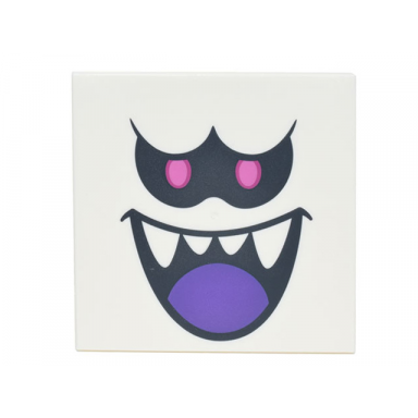 tile 6 x 6 with bottom tubes with black eyes with dark pink pupils open mouth smile with sharp teeth and dark purple tongue pattern super mario king boo face
