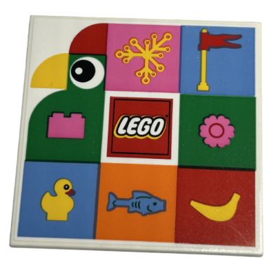 tile 6 x 6 with bottom tubes with lego logo bird with eye and yellow beak plant leaves flag on antenna brick flower duckling fish and banana pattern sticker - set 40574