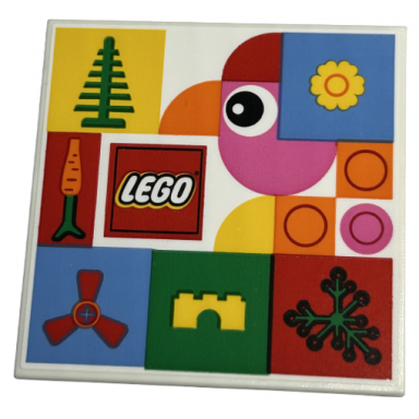 tile 6 x 6 with bottom tubes with lego logo bird with eye and orange beak tree flower carrot propeller arch and plant leaves pattern sticker - set 40574
