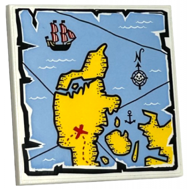 white tile 6 x 6 with bottom tubes with map with bright light blue water yellow land compass rose pirate ship and red x pattern sticker - set 40504