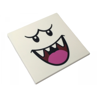 white tile 6 x 6 with bottom tubes with black eyes and eyebrows dark red open mouth smile with sharp teeth and dark pink tongue pattern super mario king boo face