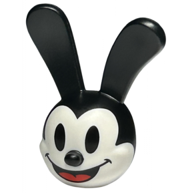minifigure head modified rabbit with molded black rounded ears and printed black eyes and mouth with red tongue pattern oswald