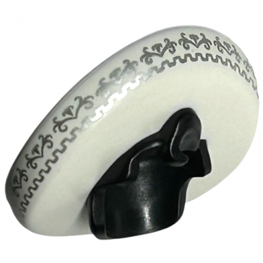 minifigure hair combo hat with hair mexican sombrero with bows with molded black short hair with quiff and printed silver ornate trim pattern