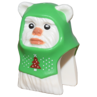 minifigure head modified sw ewok with molded bright green hood and printed black eyes nougat nose and lips and red christmas tree pattern