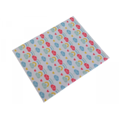 white duplo cloth blanket 8 x 10 cm with clouds sun rainbow raindrops and hearts pattern