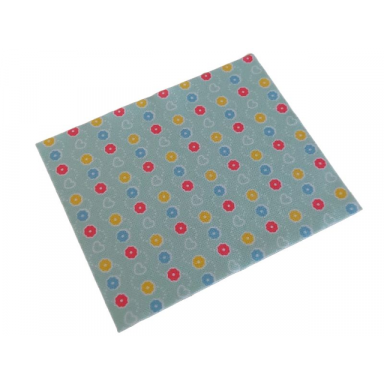 white duplo cloth blanket 8 x 10 cm with coral medium blue and yellow flowers and hearts pattern