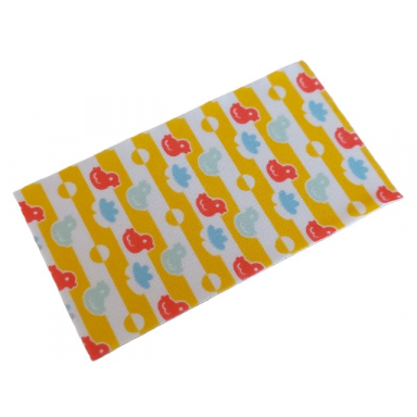 white duplo cloth towel 5 x 9 cm with coral and light aqua ducks medium blue spots and yellow stripes pattern