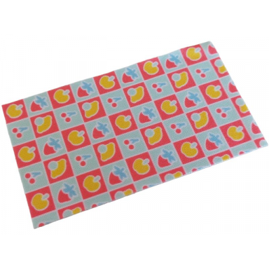 white duplo dishcloth 5 x 9 cm with coral and light aqua squares with yellow apples and lemons coral and medium blue cherries pattern