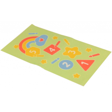 duplo cloth play rug 5 x 9 cm with coral yellow and medium blue shapes crayons and rainbow on yellowish green background pattern