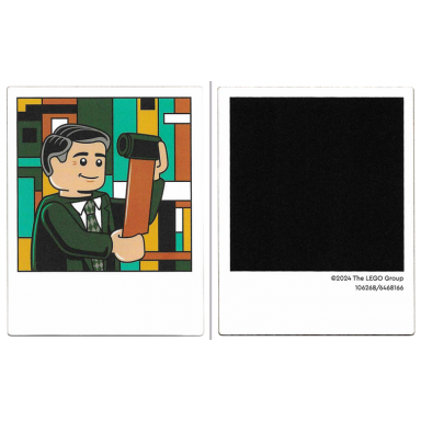 white plastic polaroid photo with minifigure with dark green suit checkered tie and black hair film roll and black square on back pattern