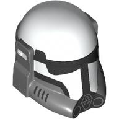 white minifigure headgear helmet sw imperial commando with molded dark bluish gray breathing apparatus and printed black visor and markings pattern