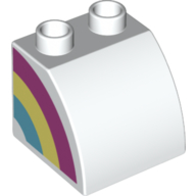 white duplo brick 2 x 2 x 1 1 2 slope curved with dark pink bright light yellow and medium azure rainbow half pattern model left side