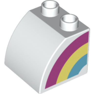 white duplo brick 2 x 2 x 1 1 2 slope curved with dark pink bright light yellow and medium azure rainbow half pattern model right side