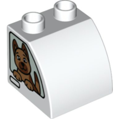 white duplo brick 2 x 2 x 1 1 2 slope curved with prisoner on one side and dog on other side pattern