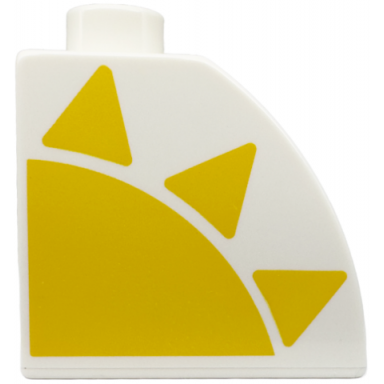 white duplo brick 2 x 2 x 1 1 2 slope curved with yellow sun quarter pattern model left side
