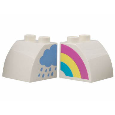 white duplo brick 2 x 2 x 1 1 2 slope curved with dark pink bright light yellow and medium azure rainbow and bright light blue rain cloud pattern on opposite sides model left side