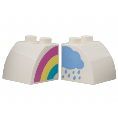 white duplo brick 2 x 2 x 1 1 2 slope curved with dark pink bright light yellow and medium azure rainbow and bright light blue rain cloud pattern on opposite sides model right side