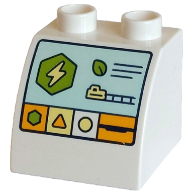 white duplo brick 2 x 2 x 1 1 2 slope curved with light aqua electric charger screen with lime hexagon bright light orange triangle bright light yellow circle lightning bolt leave train locomotive on track pattern