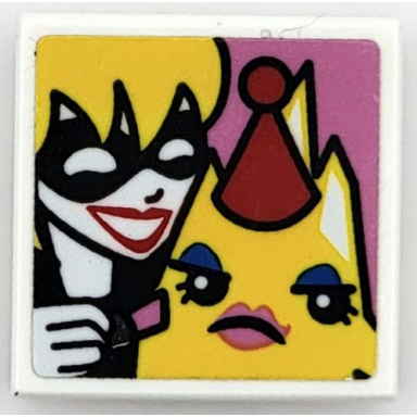 white tile modified 2 x 2 inverted with yellow kryptomite wearing red party hat and harley quinn with lipstick pattern sticker - set 41236