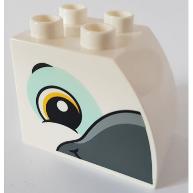 white duplo brick 2 x 3 x 2 slope curved with circled black eye with yellow highlight dark bluish gray beak and light aqua eye shadow bird head pattern on both sides