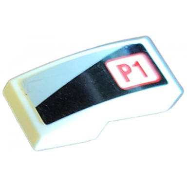 white slope curved 2 x 1 x 2 3 with light bluish gray triangle and red p1 on black background pattern model left side sticker - set 75872