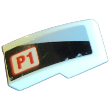 white slope curved 2 x 1 x 2 3 with light bluish gray triangle and red p1 on black background pattern model right side sticker - set 75872